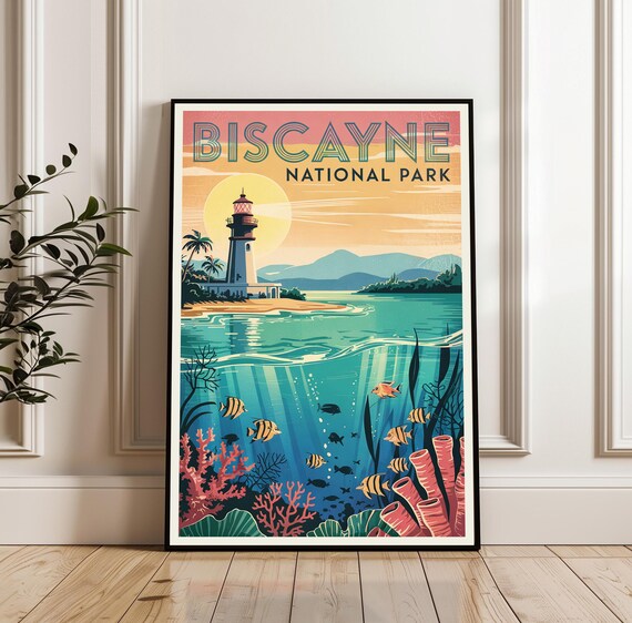 Biscayne National Park Lighthouse Coral Reef Ocean Travel Poster