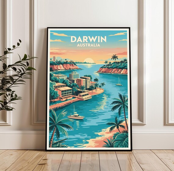Darwin Australia Vintage Travel Poster with Harbor Sunset Poster