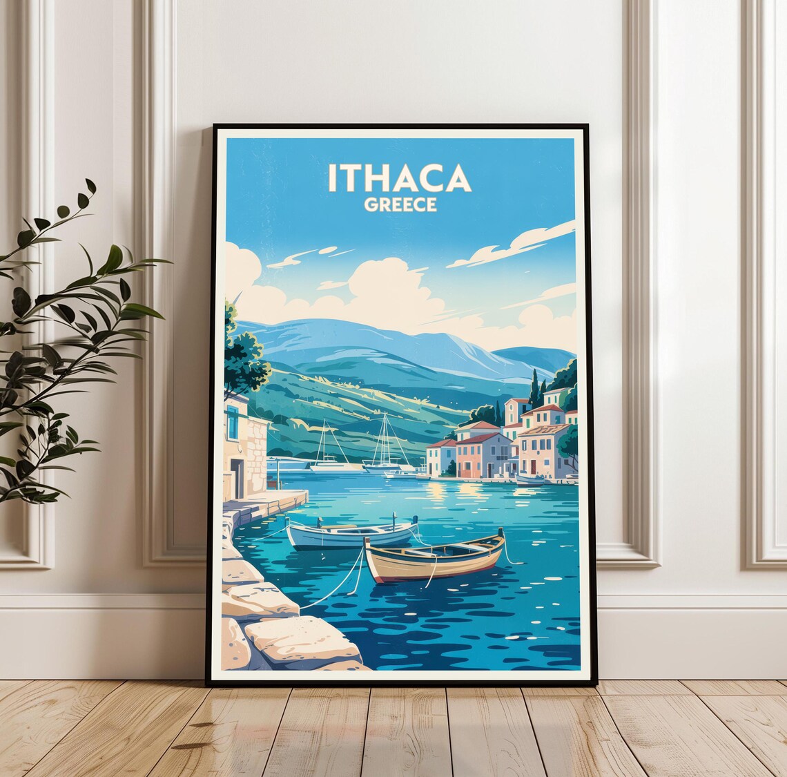 Ithaca Greece Vintage Harbor Travel Poster With Boats Seaside Art