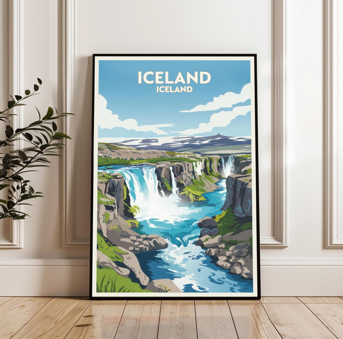Vintage Iceland Waterfall Landscape Travel Poster Blue Canyon Art