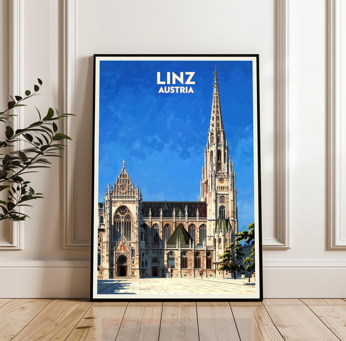 Linz Austria Retro Travel Poster Gothic Cathedral Blue Sky Landmark