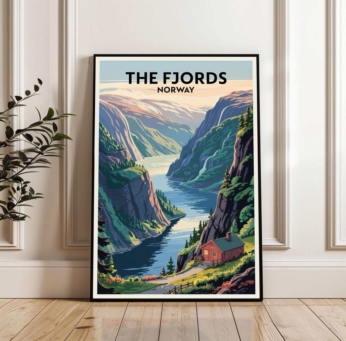 The Fjords Norway Red Cabin Waterfall Travel Poster Landscape Art