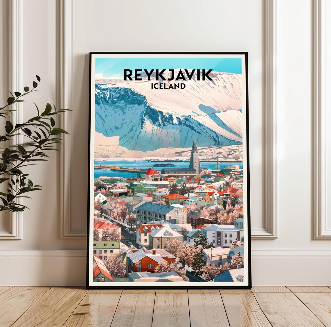 Reykjavik Iceland City Under Snowy Mountains Travel Poster Art