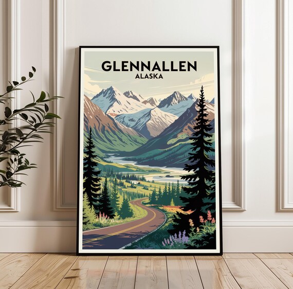 Glennallen Alaska Winding Road Snowy Mountain Valley Travel Poster