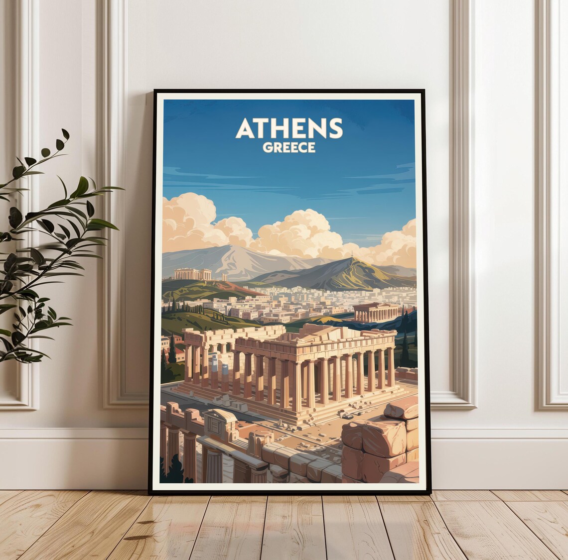 Athens Greece Parthenon Travel Poster of Acropolis Ruins and Old City