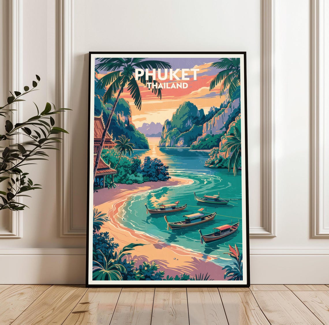 Phuket Thailand Sunset Beach With Longtail Boats Travel Poster