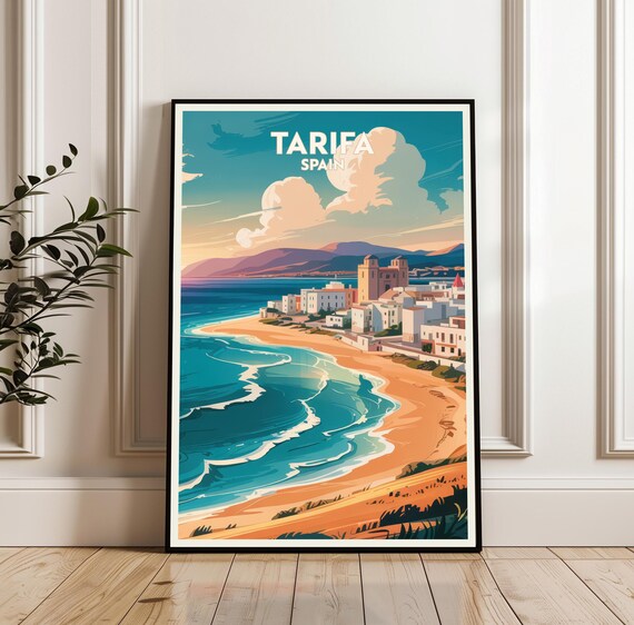 Tarifa Spain Vintage Travel Poster Sunny Beach Town Coast View