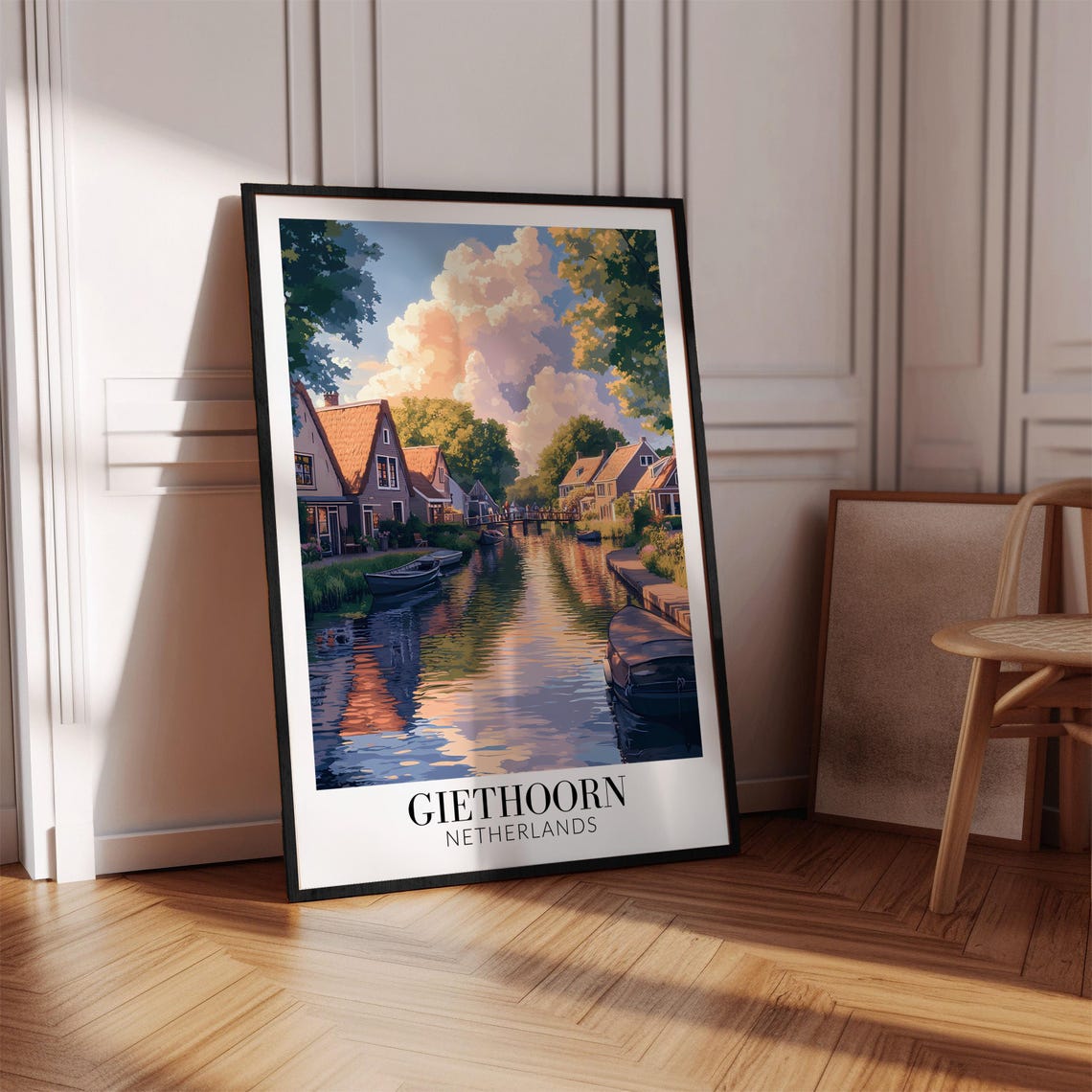 Golden Giethoorn Netherlands Sunset Canal Reflection Travel Poster - Image 2