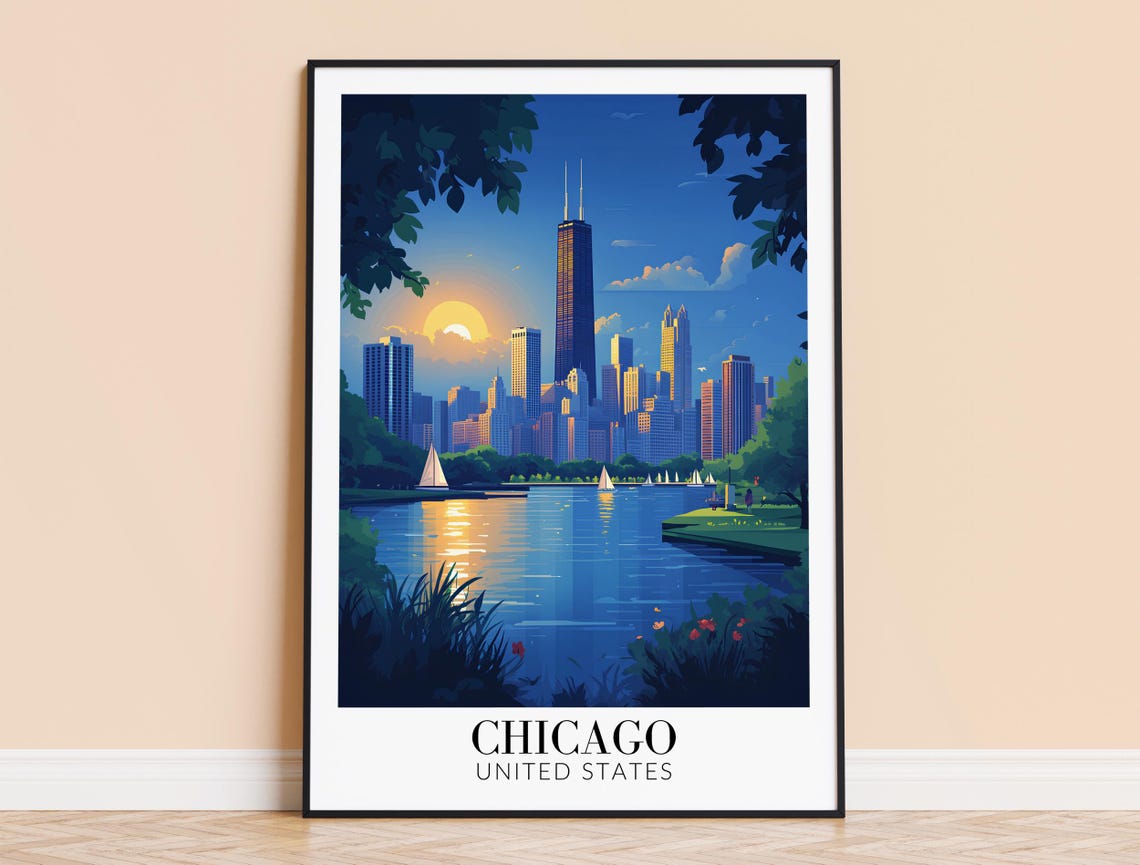 Chicago Skyline Willis Tower Lake Michigan Sunset Travel Poster
