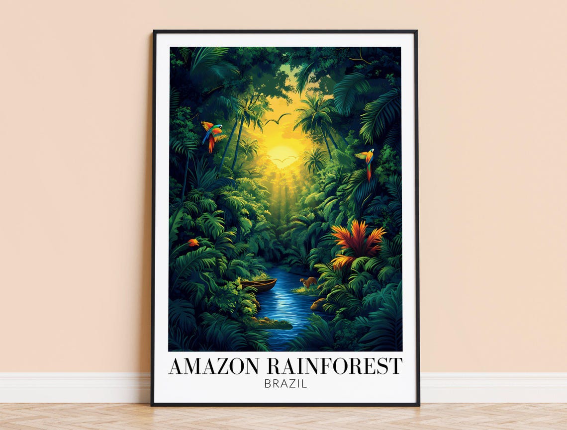 Vintage Amazon Rainforest Brazil Jungle River Macaw Sunrise Poster