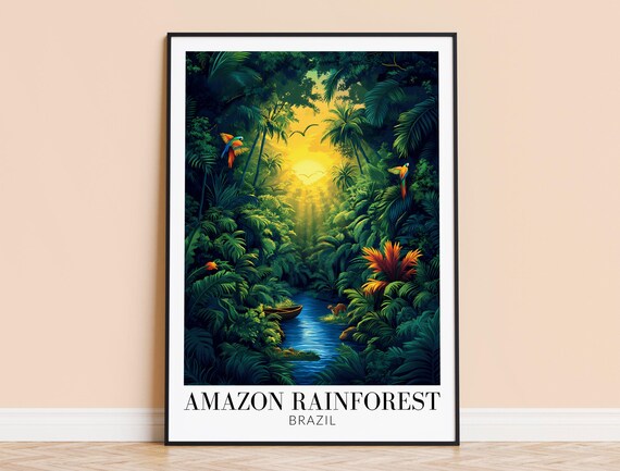 Vintage Amazon Rainforest Brazil Jungle River Macaw Sunrise Poster