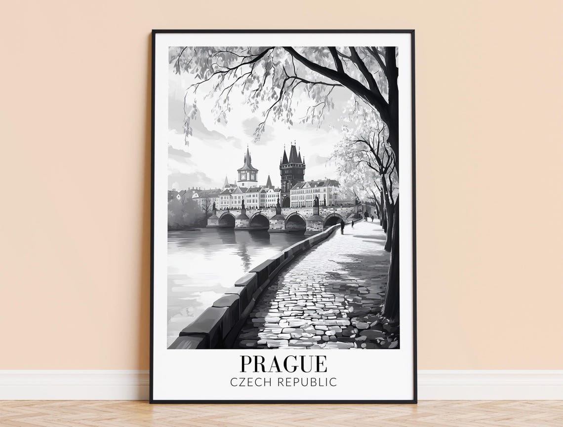 Prague Czech Republic Charles Bridge Monochrome Travel Poster