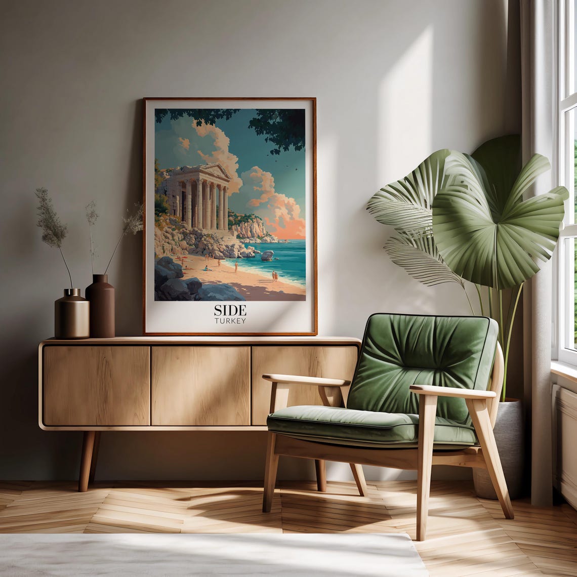 Side Turkey Ancient Seaside Temple Golden Sunset Beach Travel Poster - Image 2