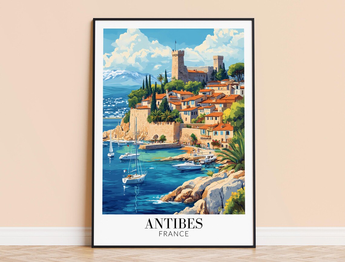 Antibes France Walled Old Town Cypress Coast Boats Travel Poster