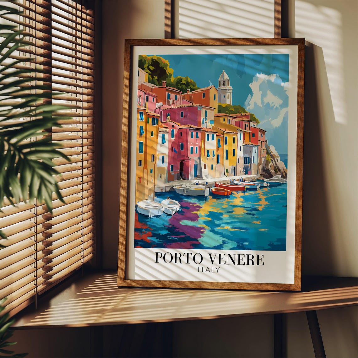 Porto Venere Italy Colorful Waterfront Houses Boat Reflections Poster - Image 3