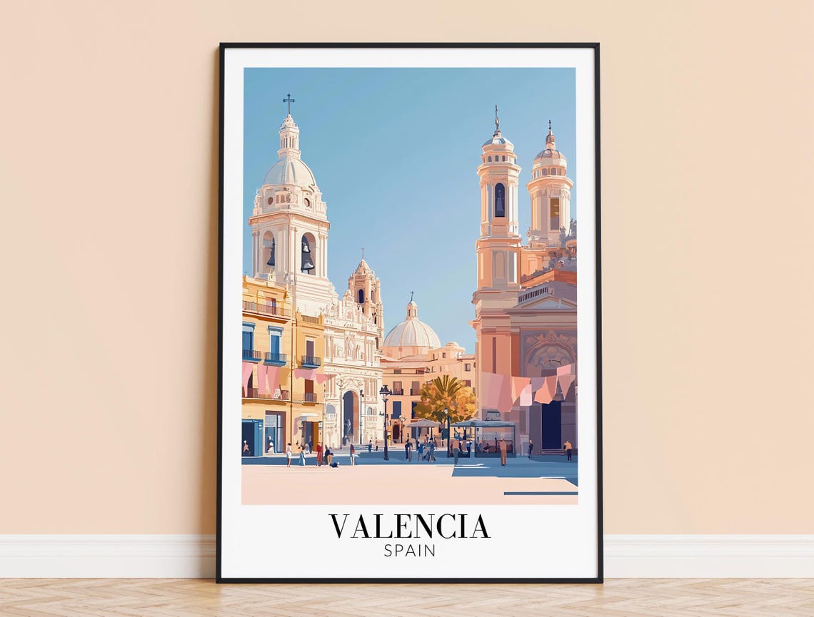 Valencia Spain Historic Twin Churches City Square Travel Poster