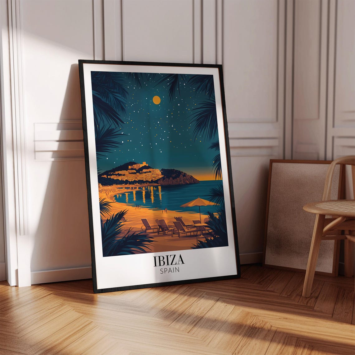 Starlit Ibiza Spain Night Beach Palm Tree Silhouette Art Poster - Image 4