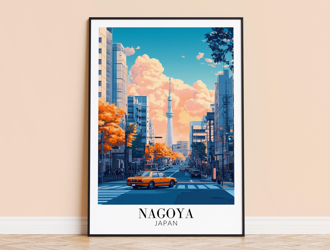 Nagoya Japan Retro City Street Illustration Cityscape Art Poster