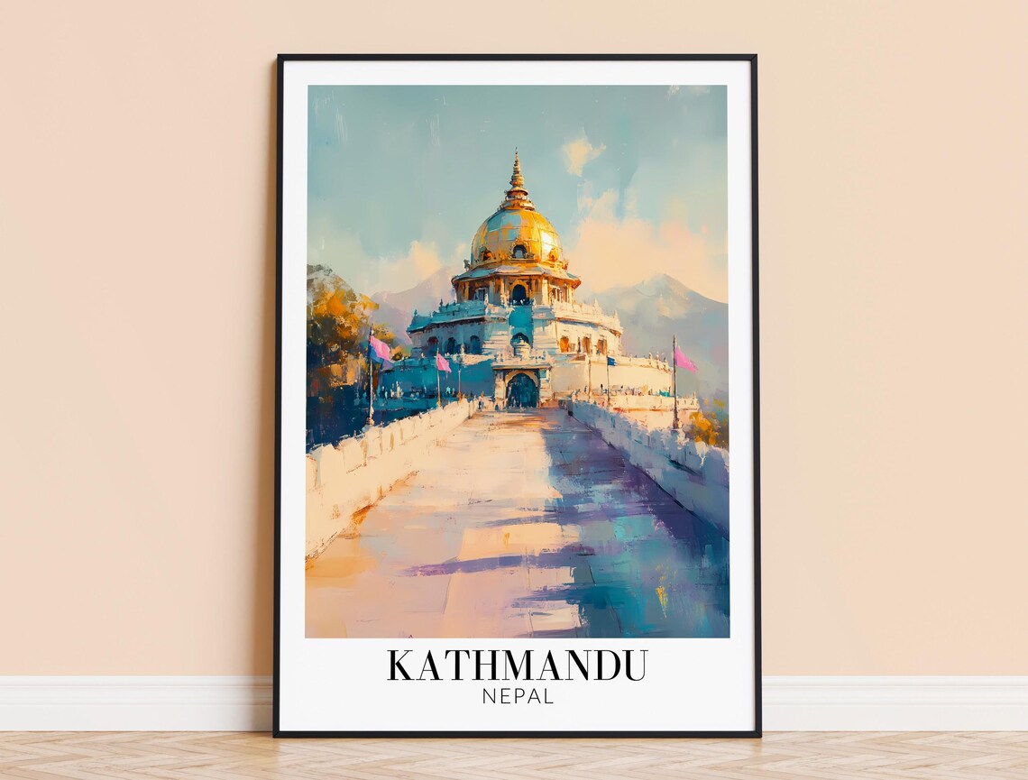 Kathmandu Nepal Golden Spire Stupa Sunlit Walkway Watercolor Poster