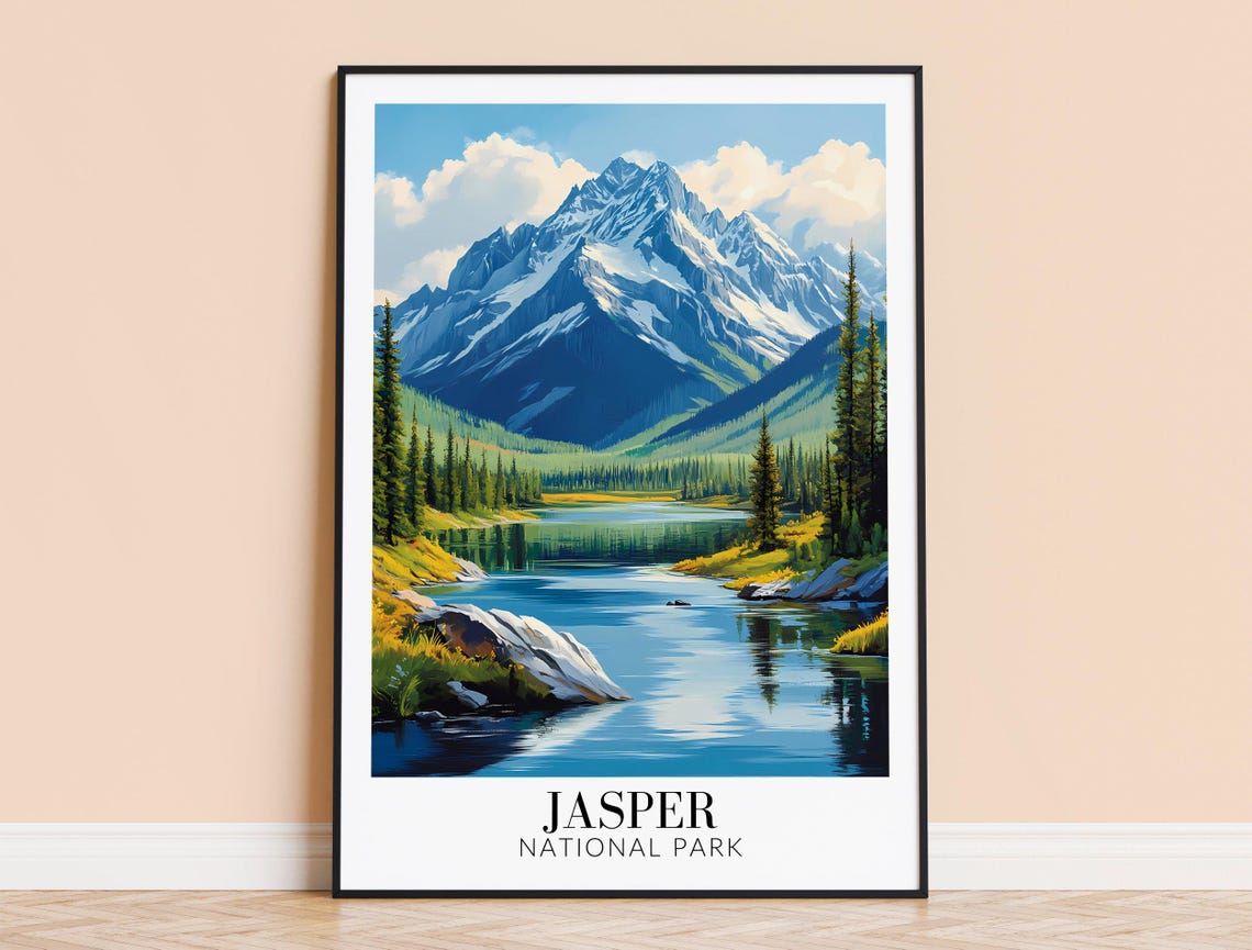 Jasper National Park Snowy Peak Alpine Lake Canada Travel Poster