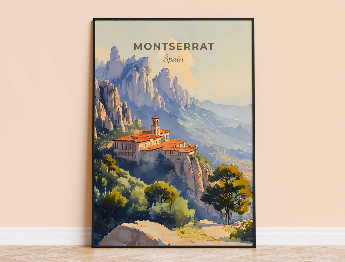 Montserrat Spain Monastery Mountain Watercolor Travel Poster