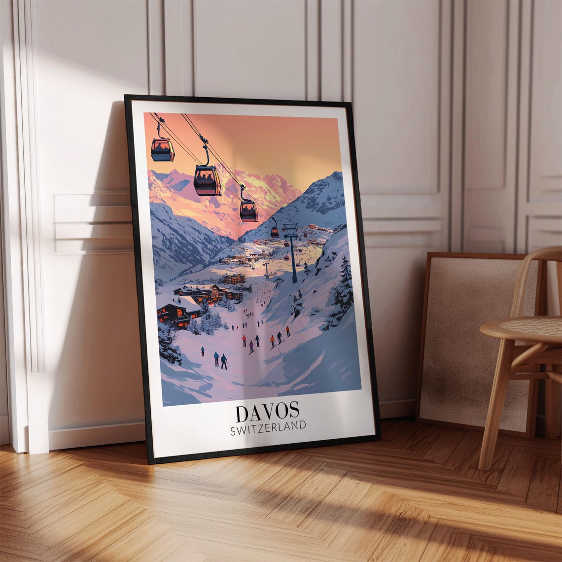 Davos Switzerland Gondola Cabins Over Sunset Ski Slope Poster - Image 4