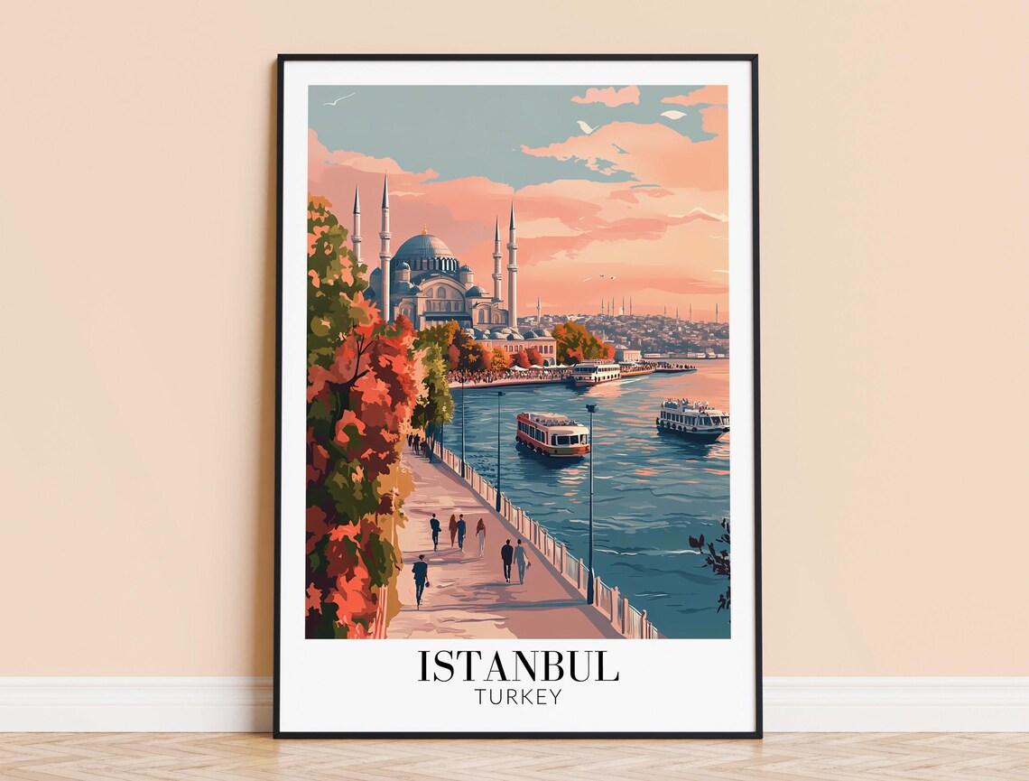 Istanbul Turkey Waterfront Promenade at Sunset Travel Poster