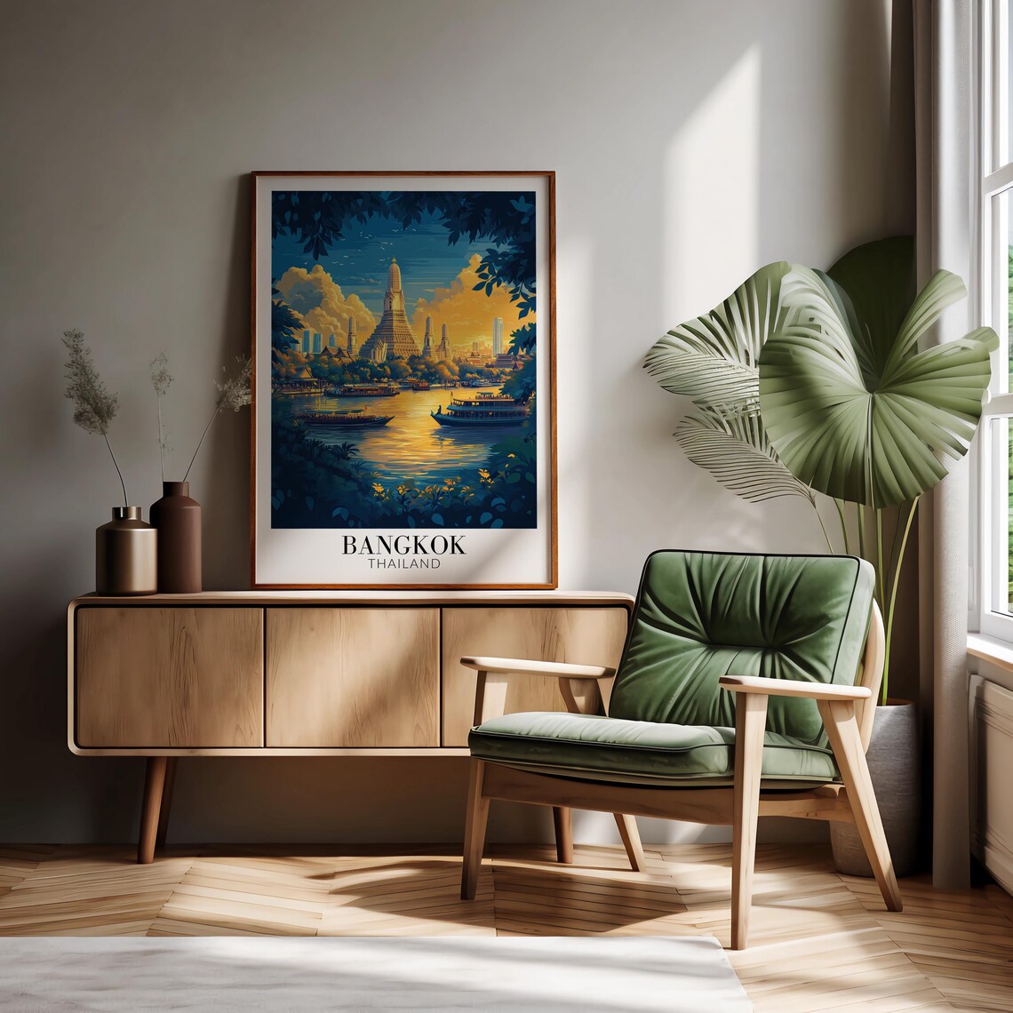 Bangkok Wat Arun Riverside Sunset Boats Golden Sky Travel Poster - Image 2