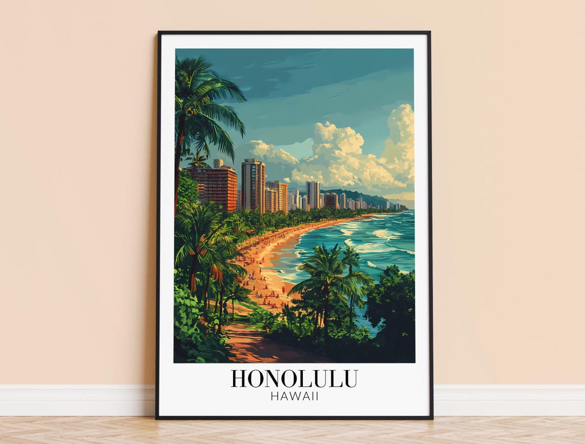 Honolulu Hawaii Waikiki Beach Poster with Palm Trees and Skyline View
