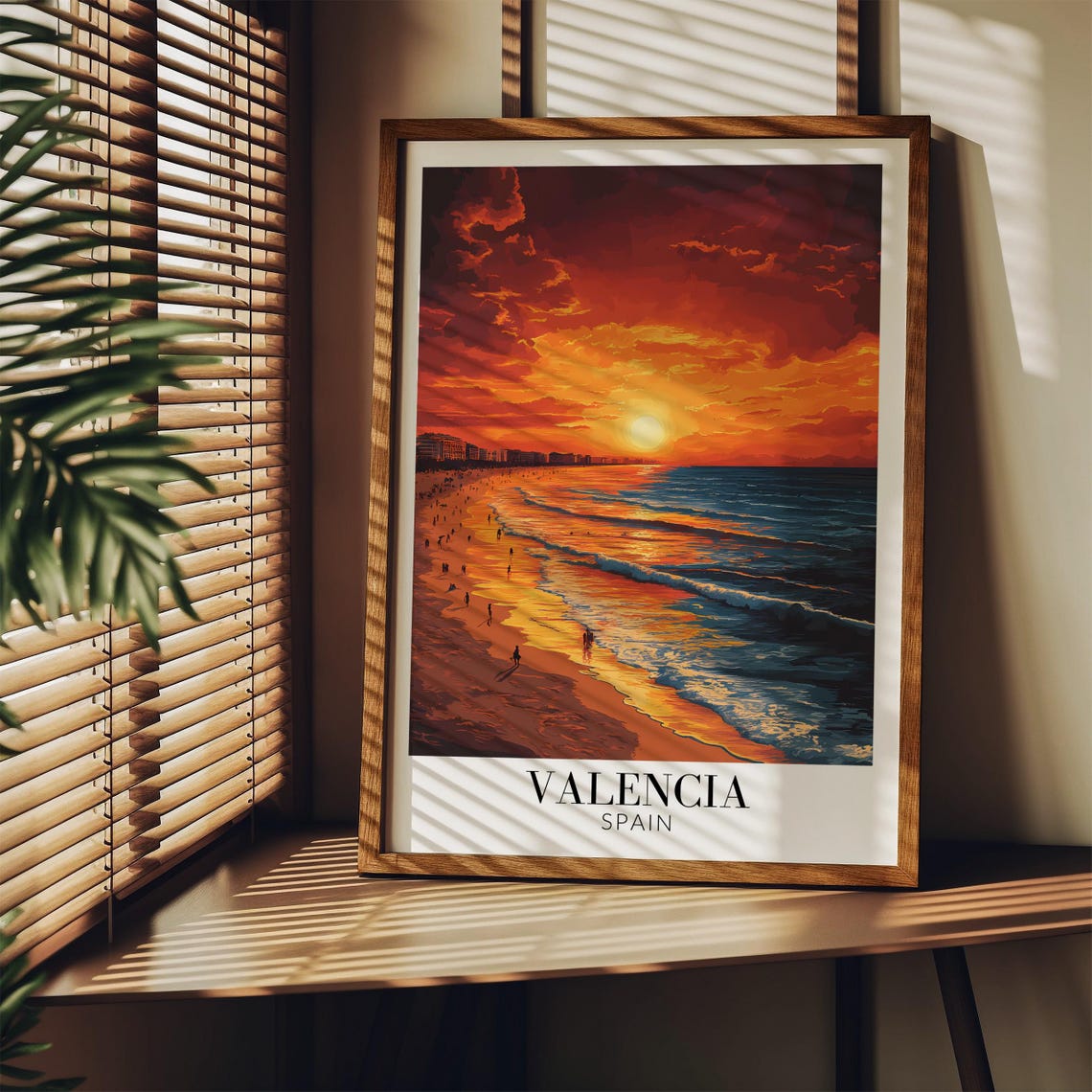 Valencia Spain Fiery Sunset Beach Ocean Waves Silhouette Poster - Image 2