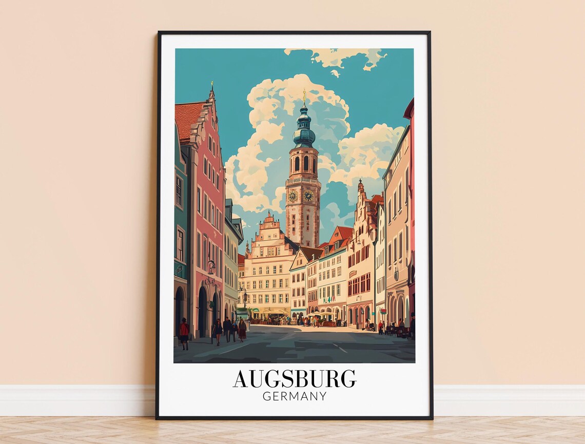Augsburg Perlachturm Tower Street View Germany Travel Poster