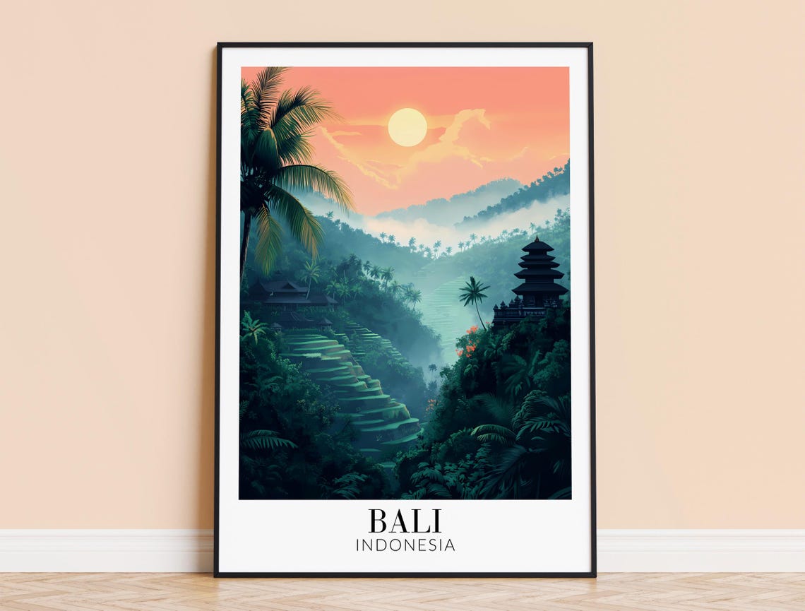 Bali Sunrise Over Misty Rice Terraces Jungle Temple Indonesia Poster