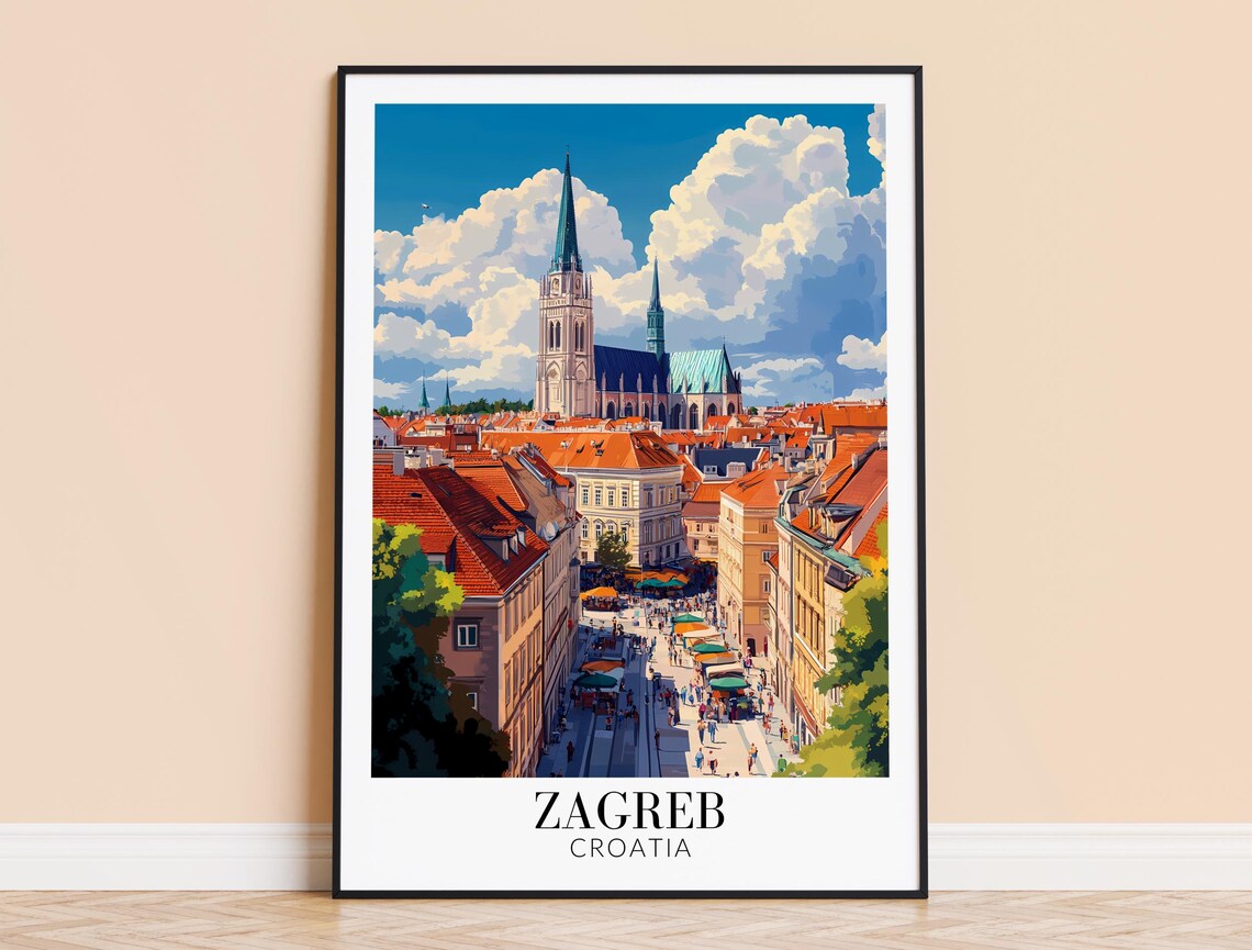 Zagreb Croatia Cathedral and Old Town Rooftops Travel Poster
