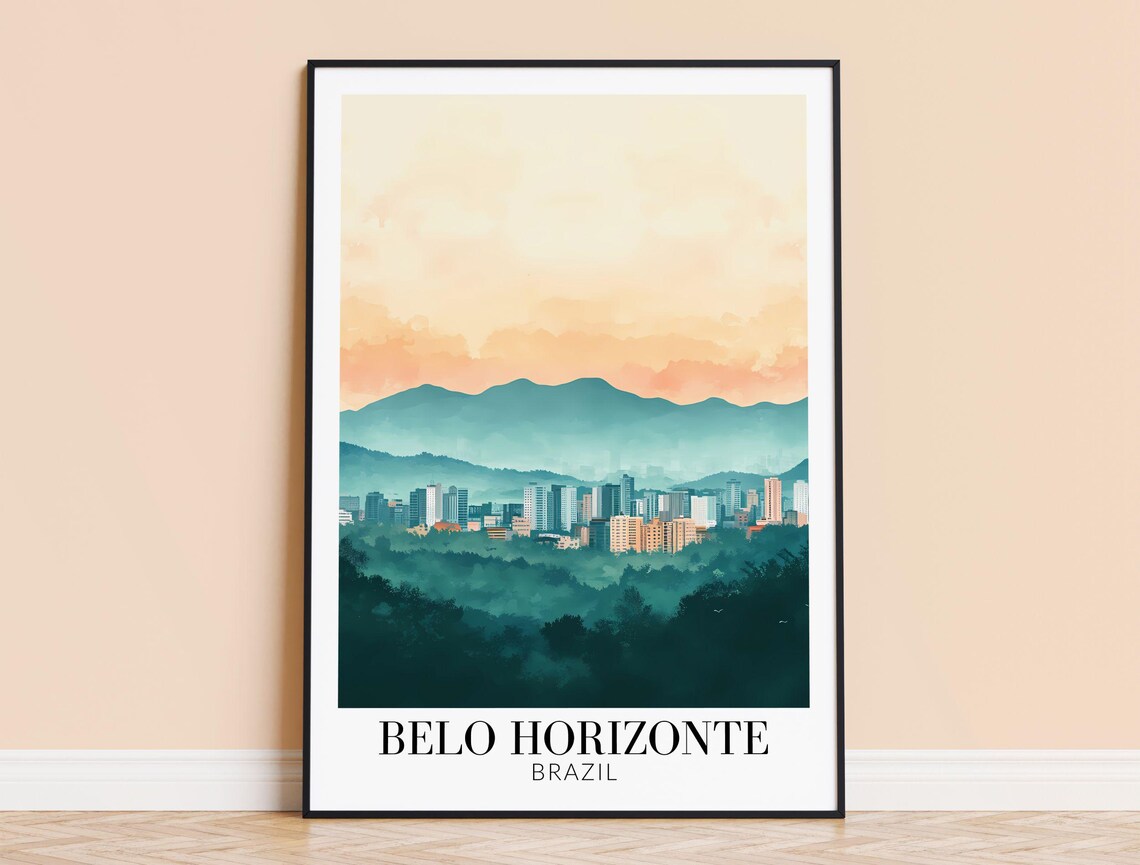 Belo Horizonte Brazil Sunset Watercolor City Skyline Travel Poster