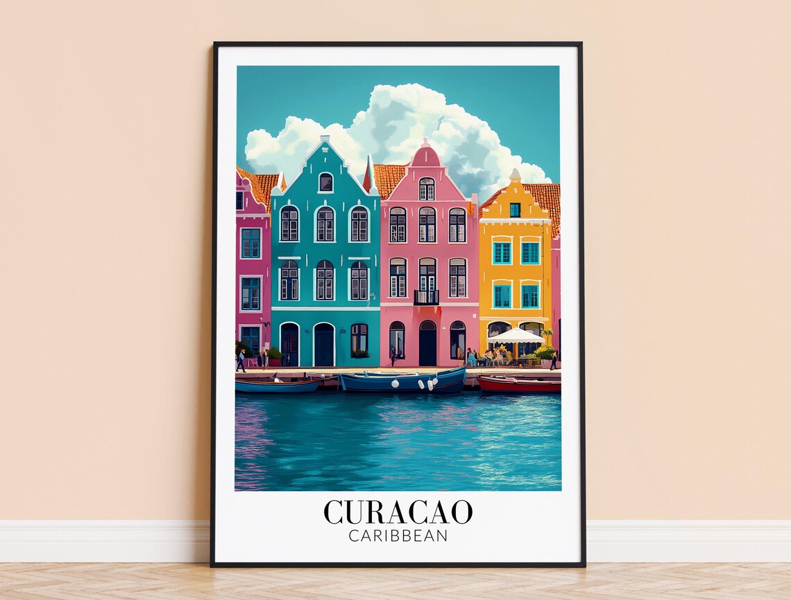 Curacao Caribbean Colorful Waterfront Colonial Building Travel Poster