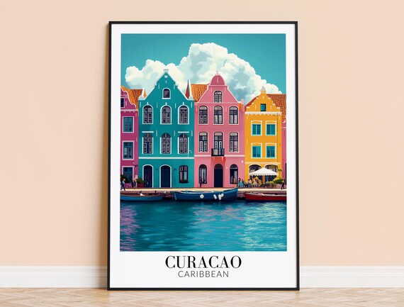 Curacao Caribbean Colorful Waterfront Colonial Building Travel Poster