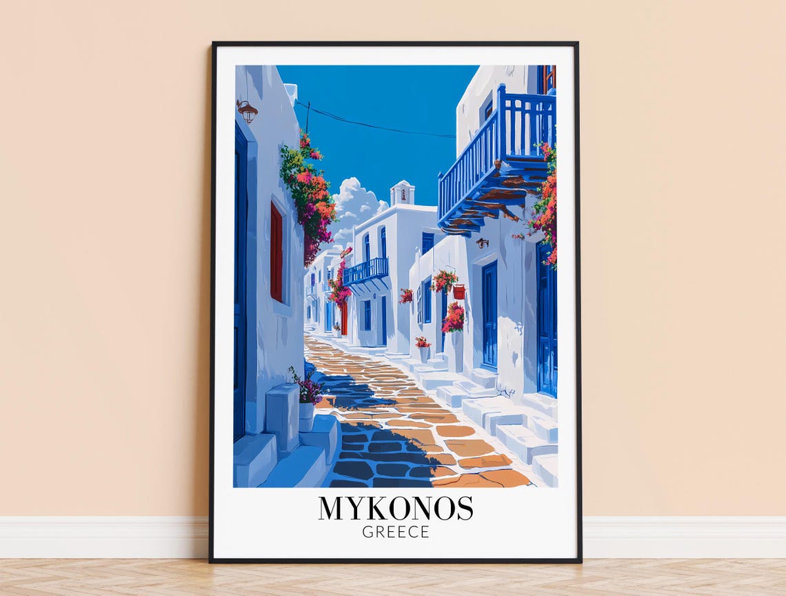 Mykonos Greece Whitewashed Alley with Bougainvillea Travel Poster