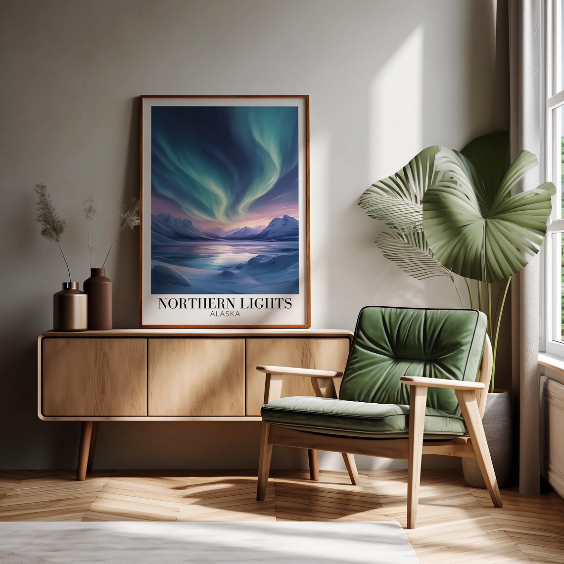 Alaska Northern Lights Aurora Over Moonlit Fjord Waters Poster - Image 2