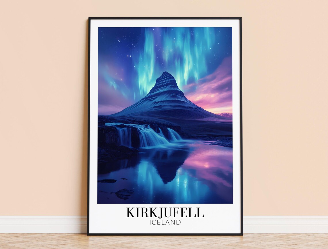 Kirkjufell Iceland Northern Lights Waterfall Night Travel Poster