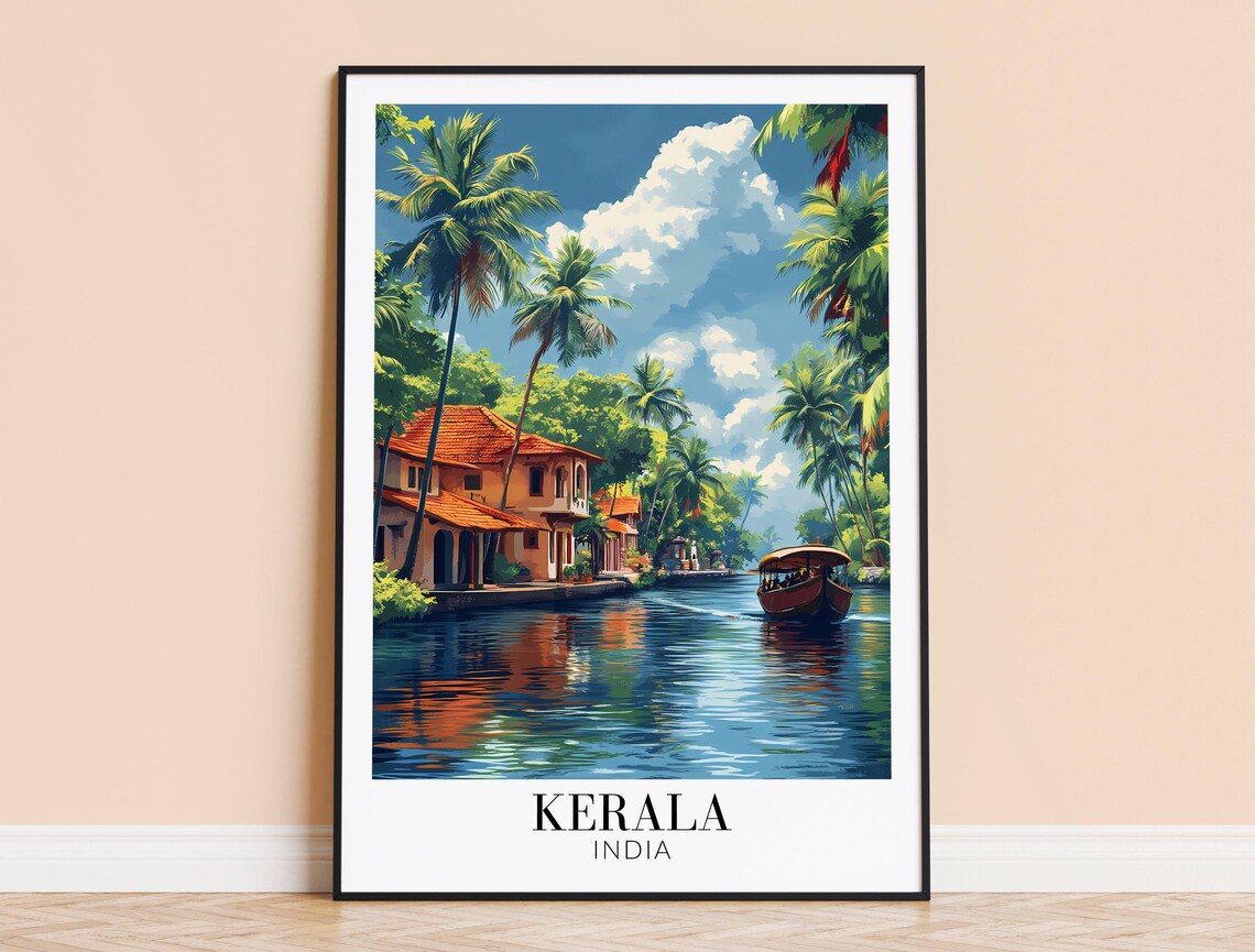 Serene Kerala India Backwaters Houseboat Tropical Travel Poster