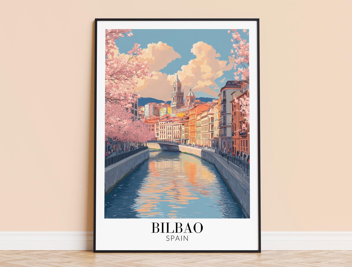 Bilbao Spain Riverside Cherry Blossom Spring Travel Poster Scene