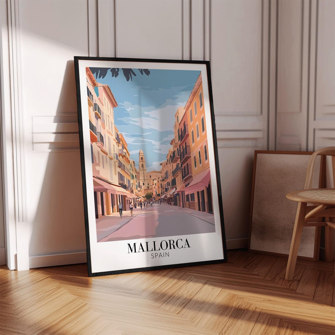 Mallorca Spain Sunny Shopping Street Poster With Bell Tower View - Image 3