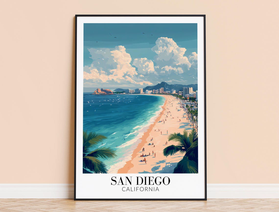 San Diego California Sunny Beach City Skyline Vintage Travel Poster