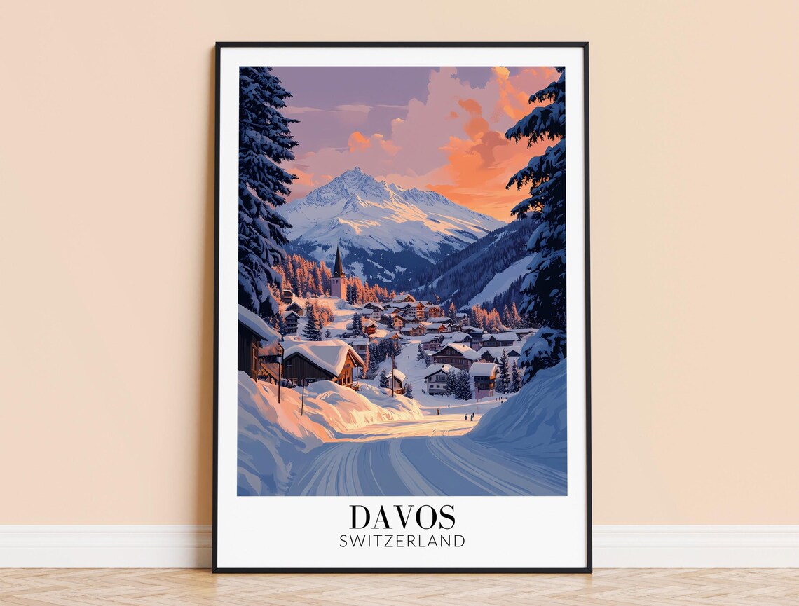 Davos Switzerland Village Valley at Purple Sunset Travel Poster