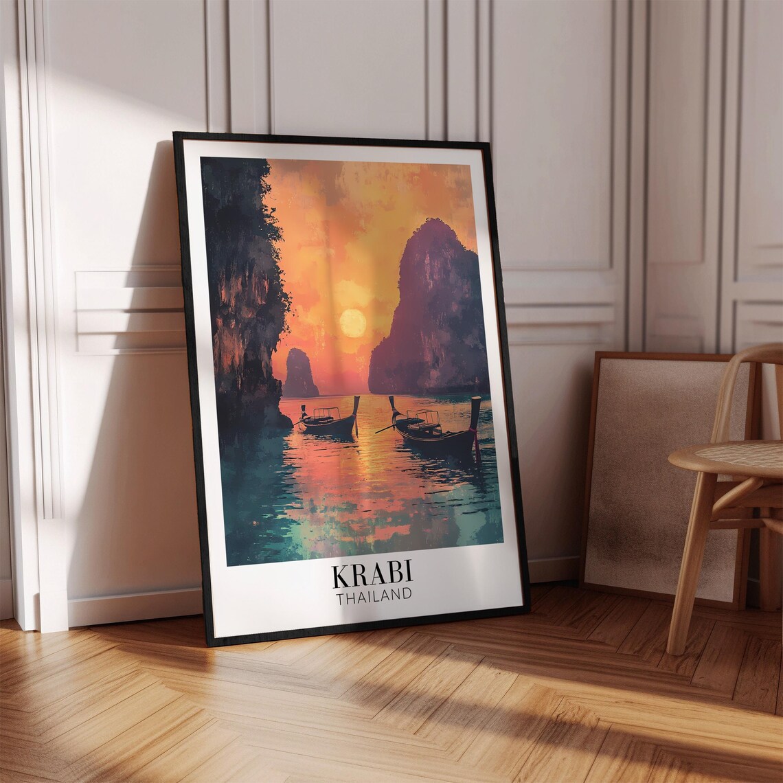 Krabi Thailand Sunset Bay Longtail Boats Silhouette Romance Poster - Image 4