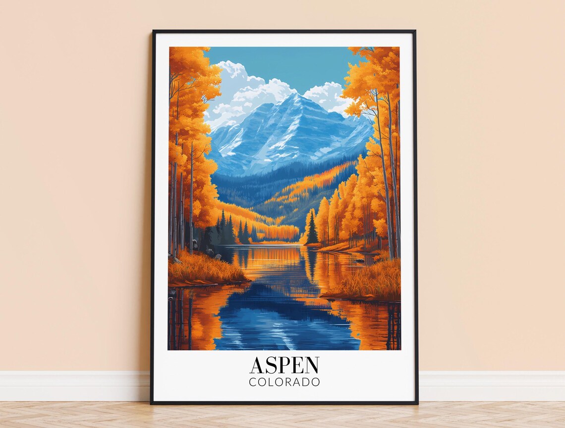 Aspen Colorado Golden Autumn Aspens Lake Reflection Travel Poster