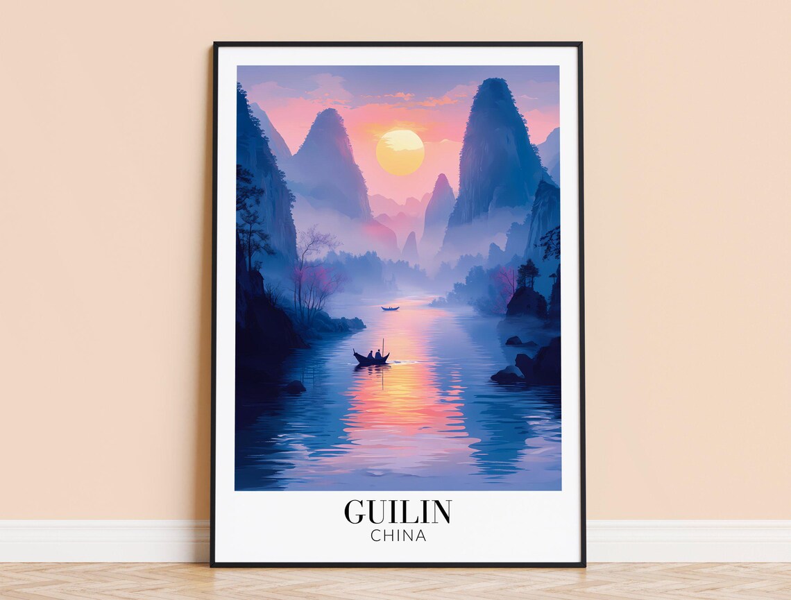 Guilin China Karst Mountains Sunrise River Illustration Travel Poster