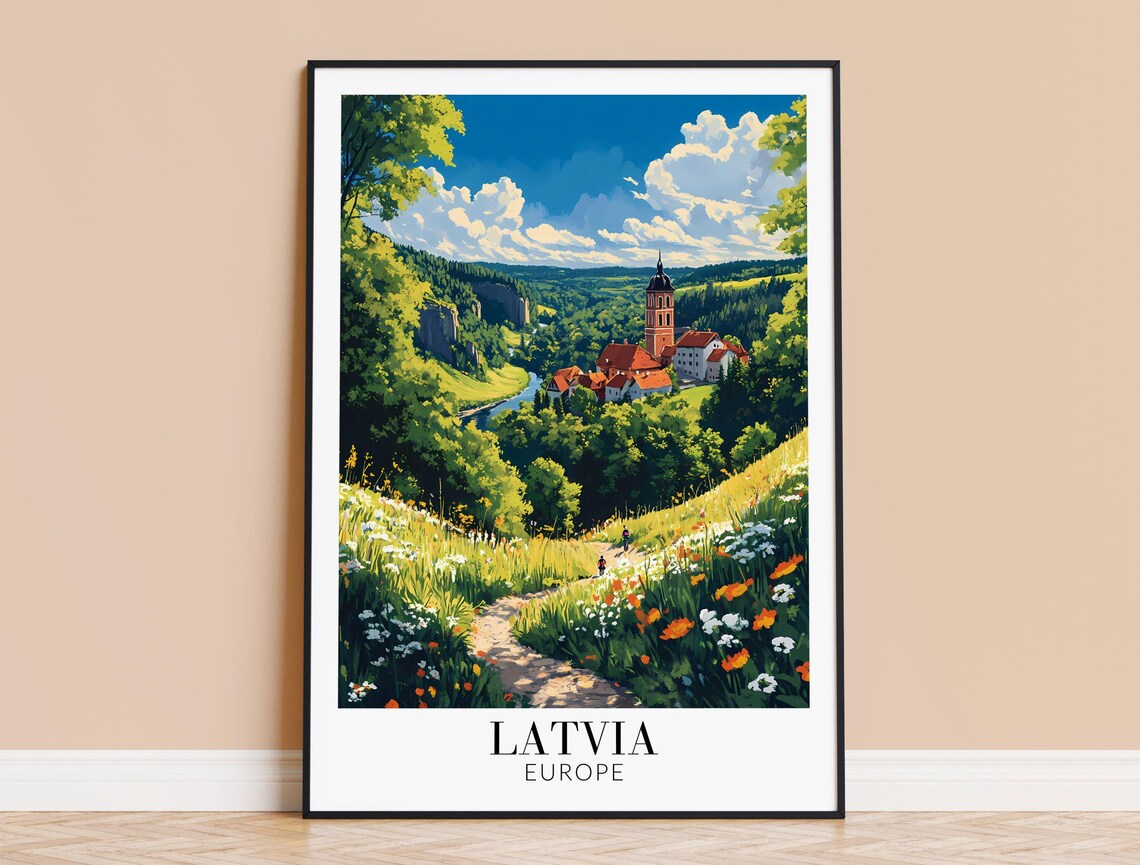 Latvia Countryside Church River Valley Wildflower Travel Poster
