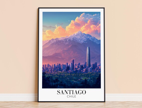 Santiago Chile Sunset Skyline Snow Capped Andes Travel Poster
