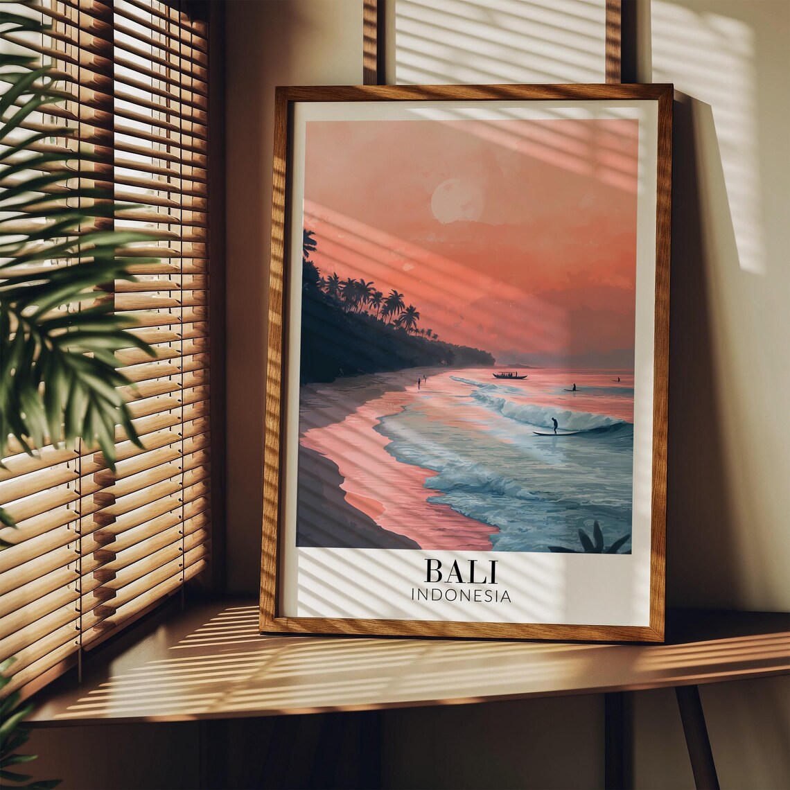 Bali Pastel Sunset Beach Surfers Pink Waves Indonesia Poster - Image 3